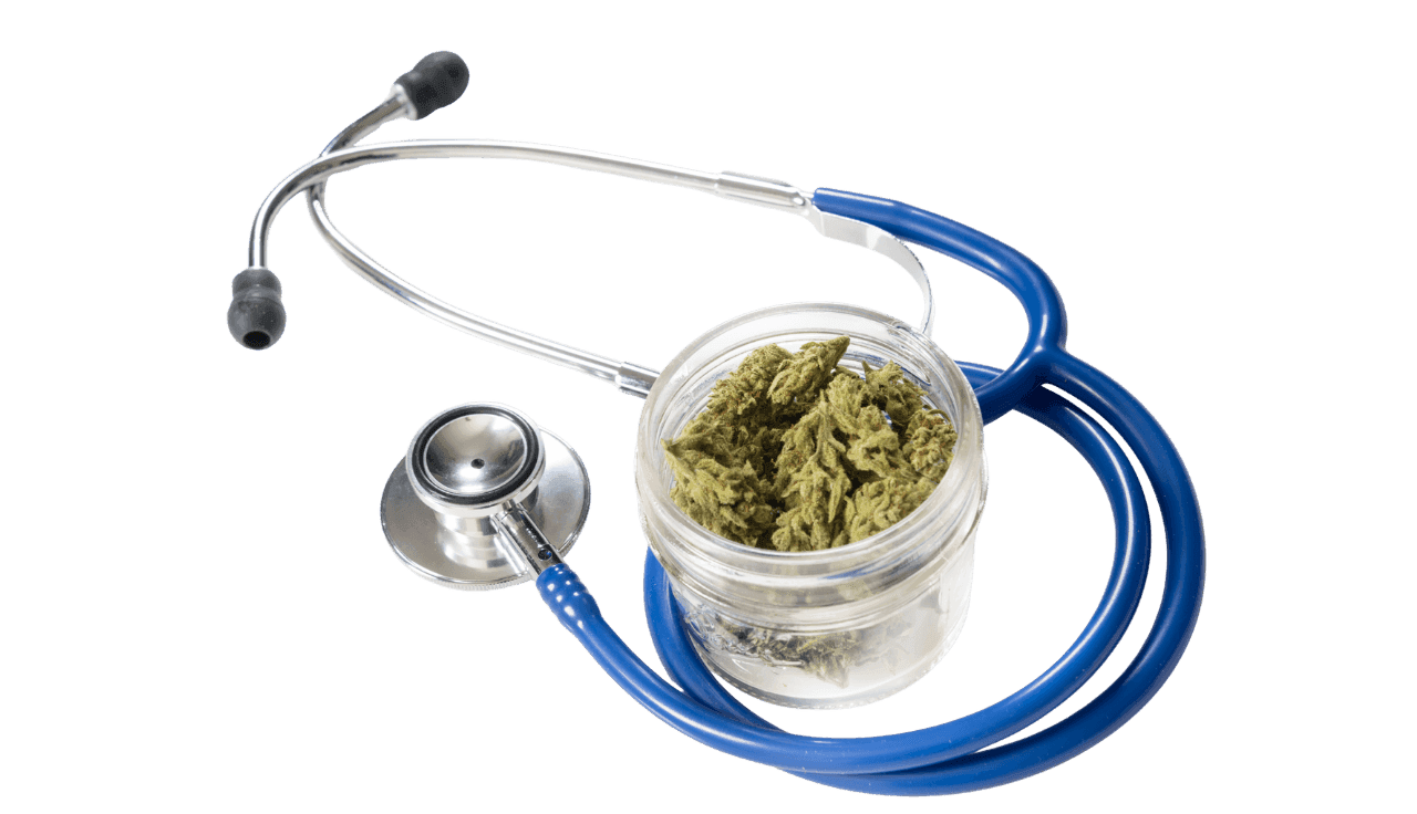 blaues Stethoskop mit Cannabis Blüten in Dose